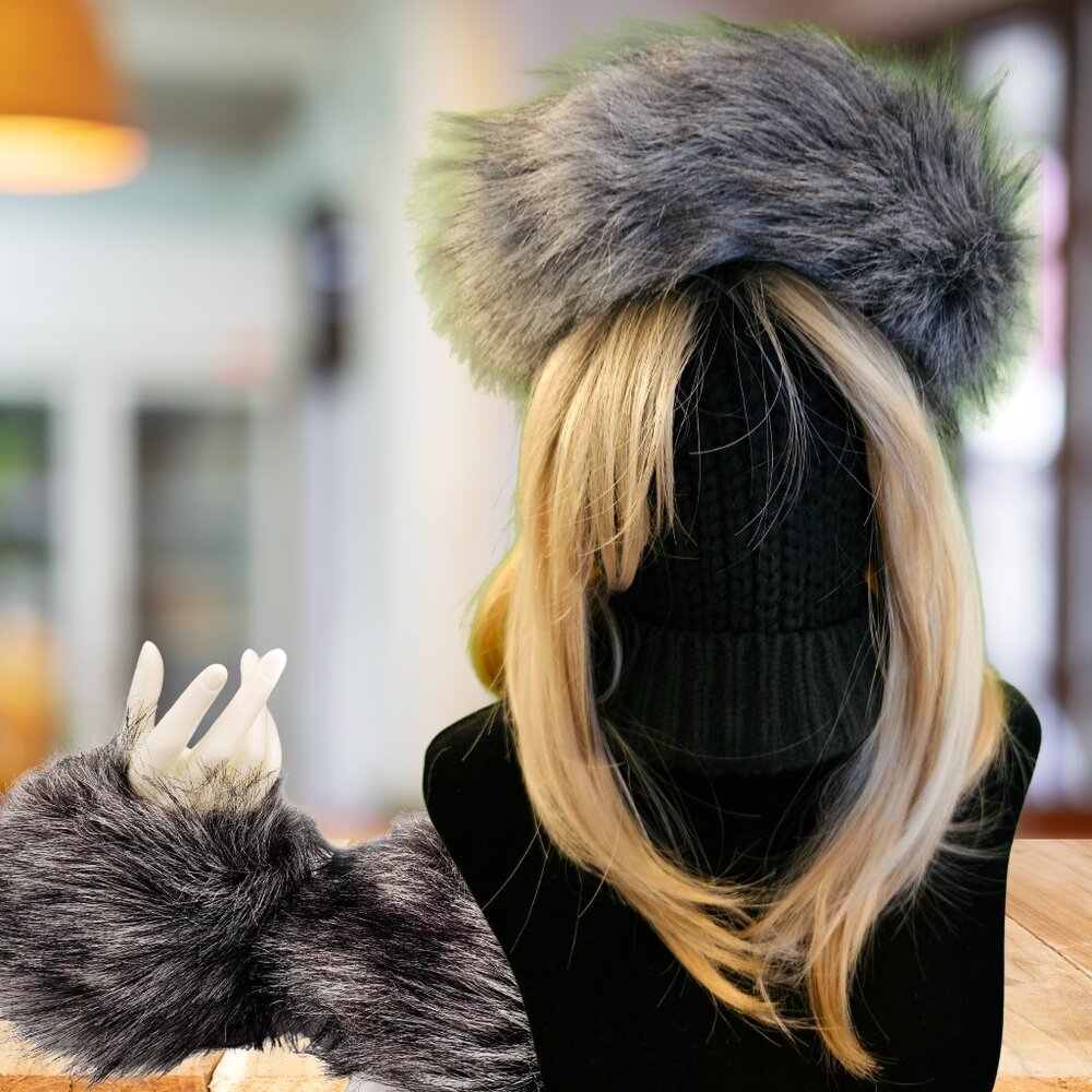 Women’s Faux Fur Hat Band & Wrist Warmers Set – Gray Winter Accessories – OS